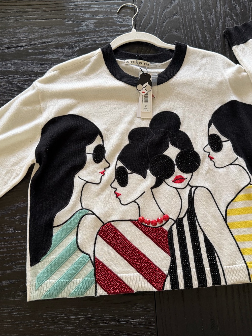 Alice + Olivia White Sweater with Black, Red, Mint & Yellow Graphic